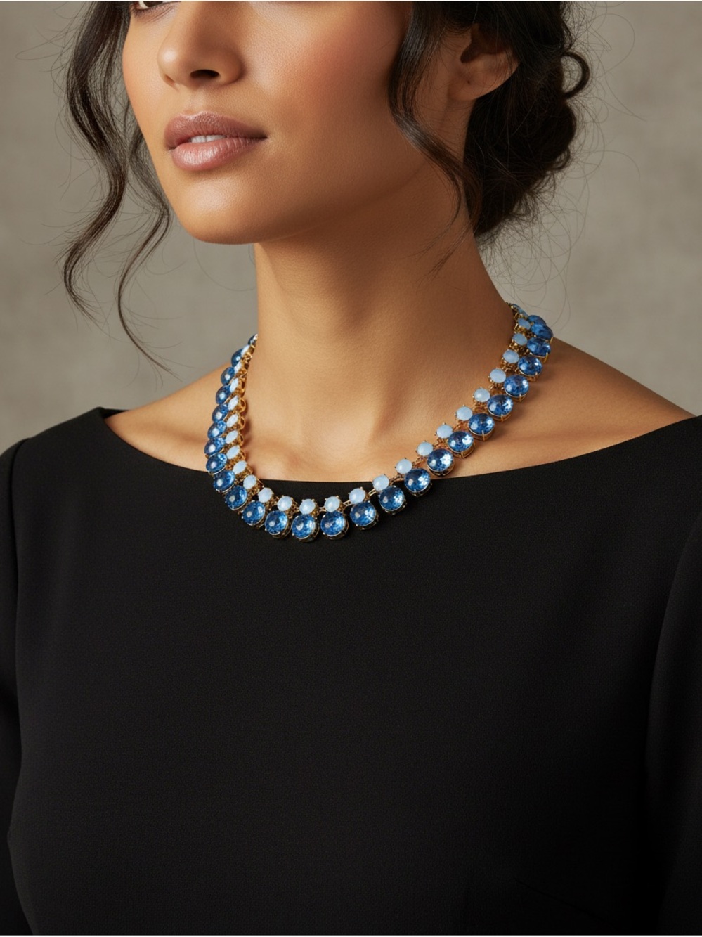 Gold-Tone glass All-Around Collar statement Necklace, Blue and Gold.
